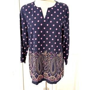 Talbots Blouse Top Size M Women's Tunic Boho Floral Paisley Navy Blue 3/4 Sleeve
